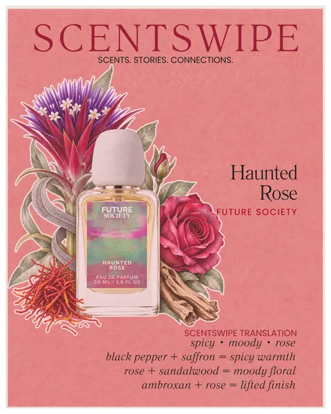 Future Society Haunted Rose bottle with a red rose, saffron threads, sandalwood and a purple bloom